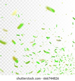 Stock vector illustration realistic lime green confetti, glitters Isolated on a transparent checkered background. Festive background. Holiday decorative tinsel element for design. EPS 10