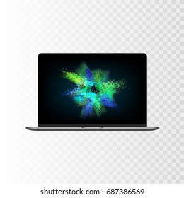 Stock vector illustration realistic personal professional computer, PC, laptop Isolated on a transparent checkered background. Wallpapers on the screen. EPS10
