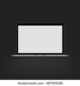 Stock vector illustration realistic personal professional computer, PC, laptop. Transparent checkered display. White screen mock-up. EPS10