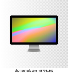 Stock vector illustration realistic personal desktop computer, PC. Modern flat screen monitor. Computer display isolated on a transparent checkered background. Wallpapers on the screen. EPS10