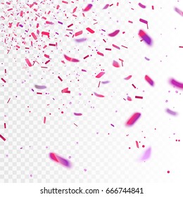 Stock vector illustration realistic pink and purple confetti, glitters Isolated on a transparent checkered background. Festive background. Holiday decorative tinsel element for design. EPS 10