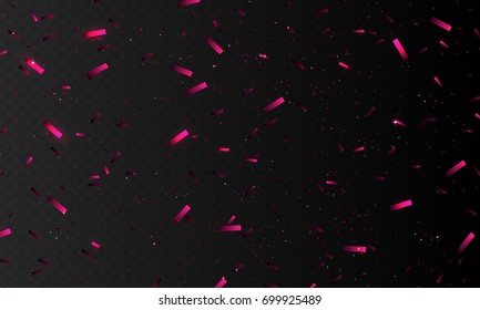 Stock vector illustration realistic pink confetti, glitters Isolated on a transparent checkered background. Festive background. Holiday decorative tinsel element for design. EPS10
