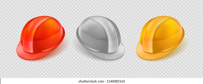 Stock vector illustration realistic set orange, white, yellow construction helmet isolated on transparent checkered background. EPS10