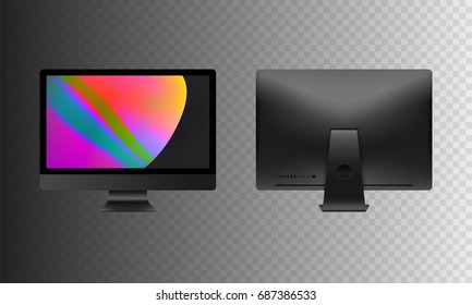 Stock vector illustration realistic set personal professional desktop computer. Modern flat screen monitor. Back side computer display isolated on a transparent background. Wallpapers on the screen.