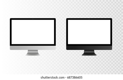 Stock vector illustration realistic set personal professional desktop computer, PC. Modern flat screen monitor. Computer display isolated on a transparent background. White screen mock-up. EPS10