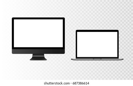 Stock vector illustration realistic set personal professional desktop computer, PC, laptop Isolated on a transparent checkered background. White screen mock-up. EPS10