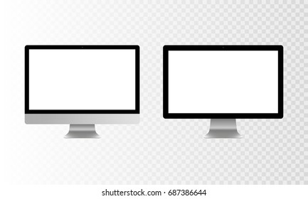Stock vector illustration realistic set personal desktop computer, PC. Modern flat screen monitor. Computer display isolated on a transparent checkered background. White screen mock-up. EPS10