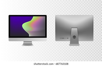 Stock vector illustration realistic set personal desktop computer, PC. Modern flat screen monitor. Back side computer display isolated on a transparent background. Wallpapers on the screen. EPS10