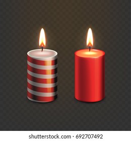 Stock vector illustration realistic set Christmas candles Isolated on a transparent checkered background. Striped candle and red. EPS10