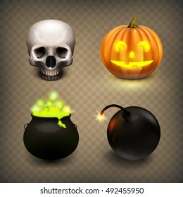 Stock vector illustration realistic skull, jack-o'-lantern, witches cauldron, bomb. Halloween set isolated on a transparent background. Halloween pumpkin, Jack o lantern. Brewed potion. EPS 10
