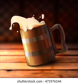 Stock vector illustration realistic wooden old beer mug. Pint. Bar background. Spilling beer. Oktoberfest. EPS 10