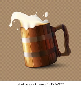 Stock vector illustration realistic wooden old beer mug isolated on a transparent background. Pint. Spilling beer. Oktoberfest. EPS 10