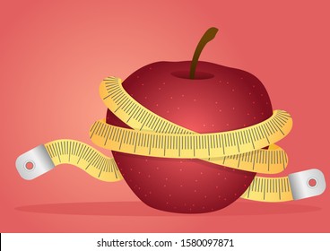 stock vector illustration of red apple with measuring tape. describe healthy, body goals, body care, and weight loss