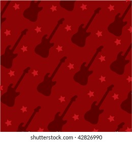 Stock vector illustration red background with silhouettes of guitars and stars