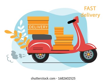 Stock-Vektorillustration-Illustration eines roten Mopeds mit Lieferung. Paketzustellung. Online-Lieferung auf weißem Hintergrund. Coronavirus-Konzept. Epidemic-Disease-Konzept