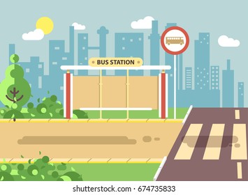 Stock vector illustration of roadside cartoon landscape with roadway, road, sidewalk and empty bus stop for school in flat style on city background element for motion design, banner, web site