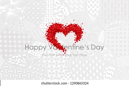 Stock vector illustration romantic gentle greeting Happy Valentine’s Day white pattern of zentangl doodle outline abstract shape with red volumetric rose petals in shape of heart love gray background