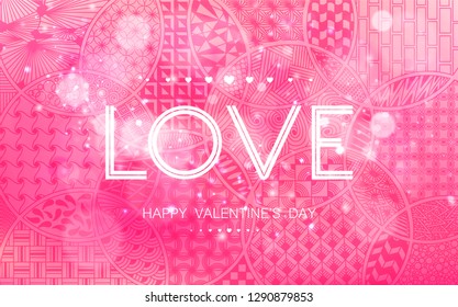 Stock vector illustration romantic gentle greeting Happy Valentine’s Day pink pattern of zentangl doodle outline abstract shape with white inscription lettering love bokeh background
