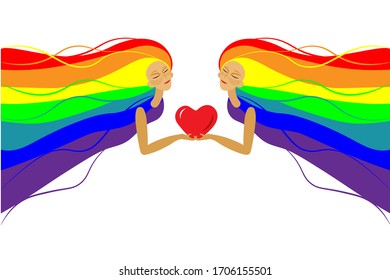 Stock vector illustration with romantic women and rainbow hair holding a heart in their hands as a concept of love and tolerance for LGBT people.