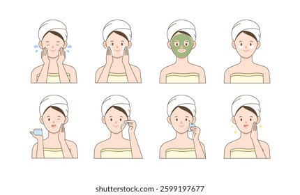 stock vector illustration routine woman faces and various skin care collection
