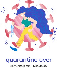 Stock vector illustration of a running girl with a medical mask in her hand on the background of the image of coronavirus. Emotion of joy from the end of quarantine after covid-19 pandemic.