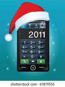 Stock vector illustration of Santa hat on the modern mobile phone.Original design.