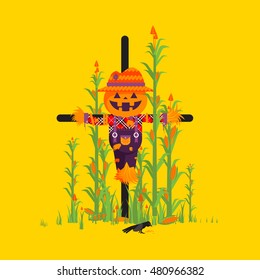 Stock vector illustration a scarecrow with a pumpkin instead of a head among maize character for halloween in a flat style