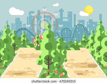 Stock vector illustration of scene landscape, alley, pavement, trees and bushes in amusement park outdoor, roller coaster switchback on background in flat style