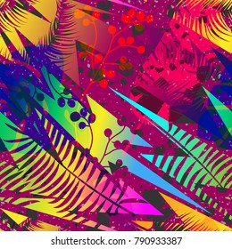 Stock vector illustration Seamless colorful light pattern of tropical leaves and plants with textures. Can be used for the design of fabrics, wrapping paper, self-adhesive film, and in printing.