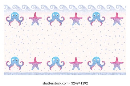 Stock vector illustration of seamless mosaic border on the marine theme octopus and starfish