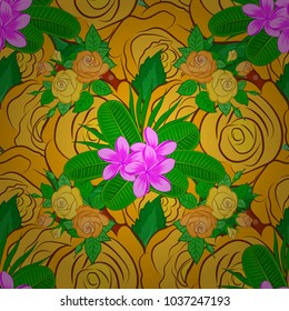 Stock vector illustration. Seamless pattern of abstrat plumeria flowers in green, brown and yellow colors. Vintage style.