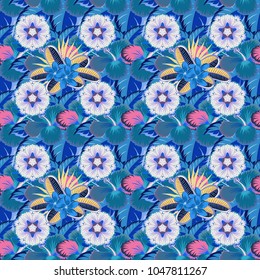 Stock vector illustration. Seamless pattern of abstrat plumeria flowers in gray and blue colors. Vintage style.