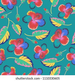 Stock vector illustration. Seamless pattern of abstrat hibiscus flowers in blue, pink and yellow colors. Vintage style.