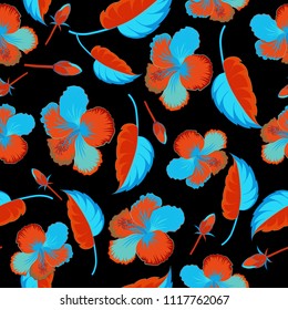 Stock vector illustration. Seamless pattern of abstrat hibiscus flowers in black, orange and blue colors. Vintage style.