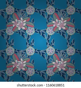 Stock vector illustration. Seamless pattern of abstrat plumeria flowers in pink, blue and beige colors. Vintage style.