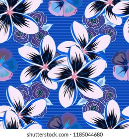 Stock vector illustration. Seamless pattern of abstrat plumeria flowers in black and blue colors. Vintage style.