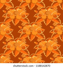 Stock vector illustration. Seamless pattern of abstrat hibiscus flowers in brown, orange and yellow colors. Vintage style.