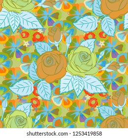 Stock vector illustration. Seamless pattern of abstrat rose flowers and leaves in blue, orange and green colors. Vintage style.