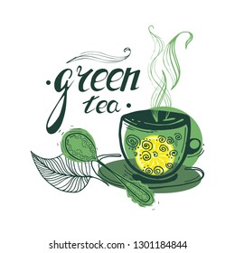 Stock vector illustration of a seamless pattern hand drawn tea pair, tea leaves, cubes on a white background 