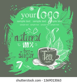 Stock vector illustration of a seamless pattern hand drawn tea pair, tea leaves, cubes.