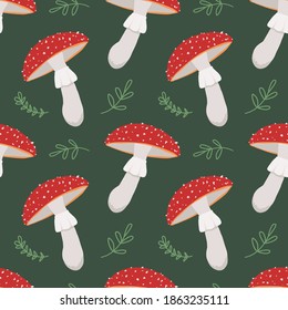 Stock vector illustration seamless pattern red mushrooms amanita and green leaves, the theme of the forest and nature on a green background. Print flat for printing fabric.