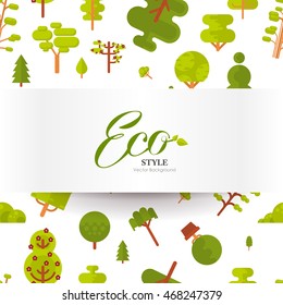 Stock vector illustration seamless pattern with lettering, green trees and bushes on a white background in a flat style with banner or strip of paper for Environmental Design, eco, ecology