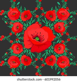 Stock vector illustration. Seamless pattern of abstrat poppy flowers on a gray background. Vintage style.