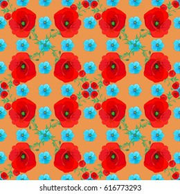 Stock vector illustration. Seamless pattern of abstrat poppy flowers on a brown background. Vintage style.