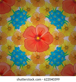 Stock vector illustration. Seamless pattern of abstrat cosmos flowers on a beige background. Vintage style.