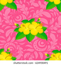 Stock vector illustration. Seamless pattern of abstrat hibiscus flowers on a pink background. Vintage style.
