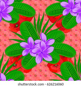 Stock vector illustration. Seamless pattern of abstrat plumeria flowers on a pink background. Vintage style.