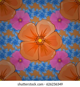 Stock vector illustration. Seamless pattern of abstrat cosmos flowers on a brown background. Vintage style.