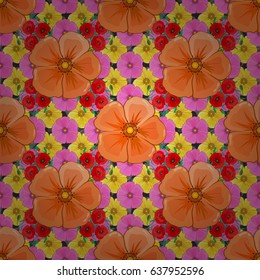 Stock vector illustration. Seamless pattern of abstrat cosmos flowers on a gray background. Vintage style.