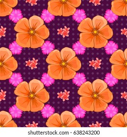 Stock vector illustration. Seamless pattern of abstrat cosmos flowers on a purple background. Vintage style.